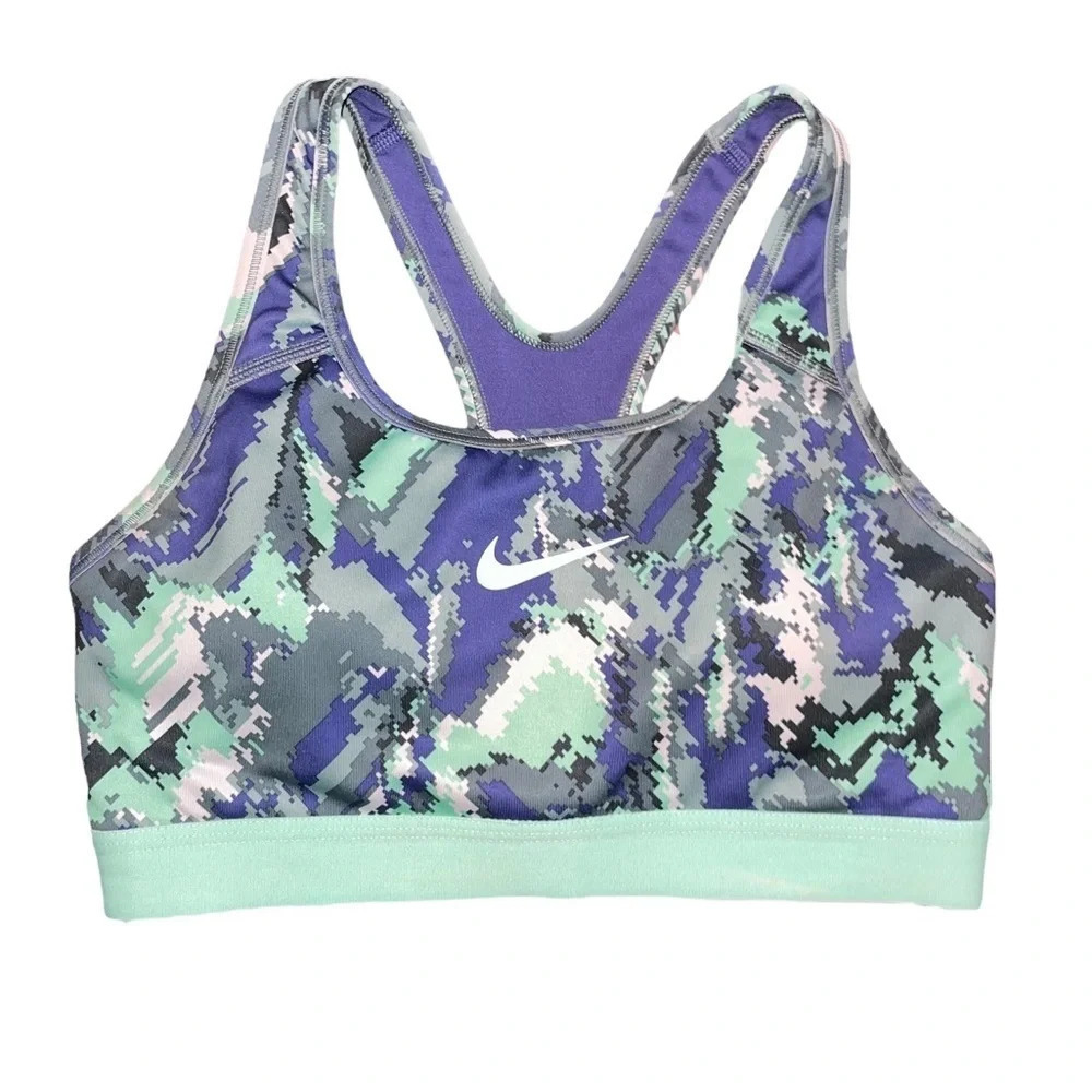 Nike Dri Fit Racerback Padded Blue Green Print Sports Workout Bra Sz S